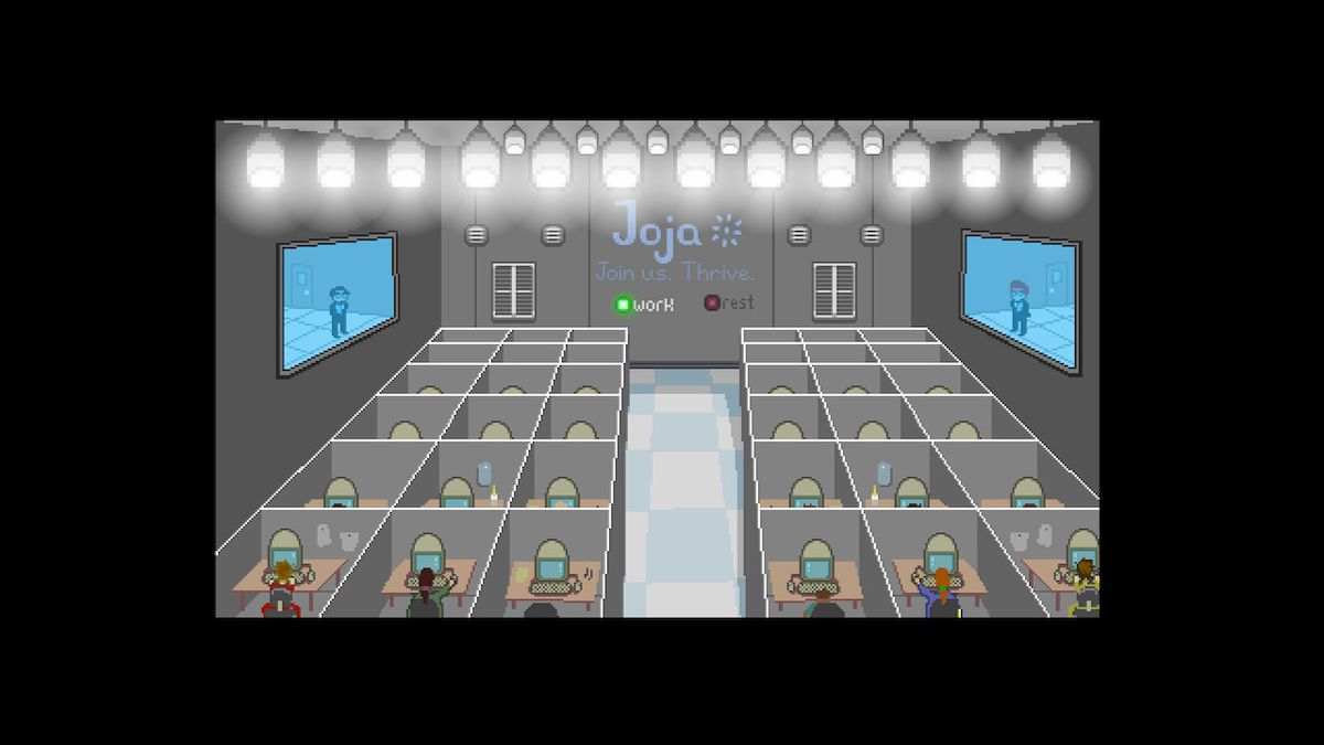 the opening cinematic showing jojamart. it looks bleak as rows of cubicles are crammed in next to each other as supervisors surveil the workers from above. 