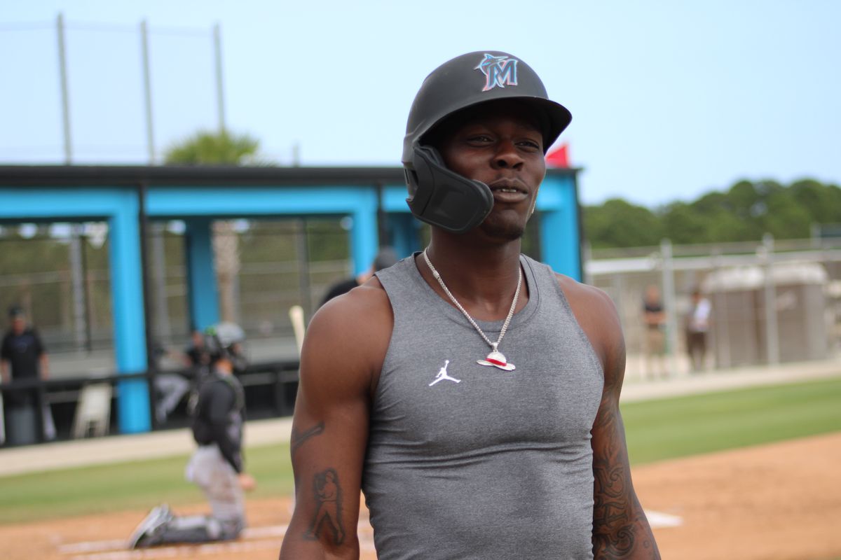 Jazz Chisholm Jr. in an undershirt after completing a round of live batting practice at 2023 Marlins Spring Training