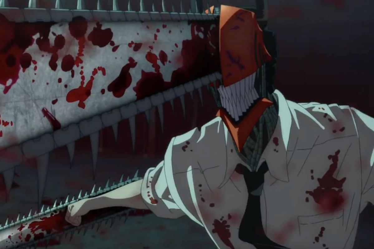 Chainsaw man in a white shirt soaked with blood, in the anime