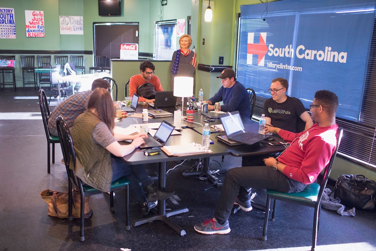 Clinton supporters make phone calls from a campaign field office in South Carolina.