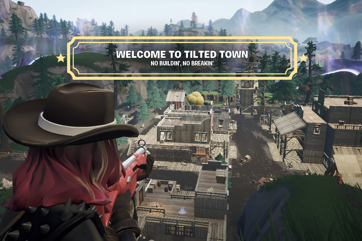 A banner splashes across a player’s screen and welcomes them to Tilted Town. It has two rules on it. No Buildin’ and No Breakin’. 