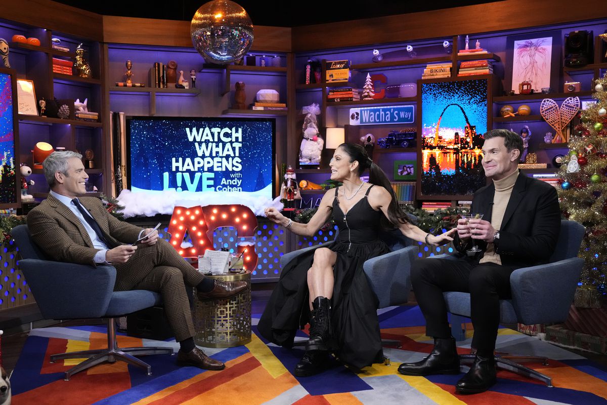 Frankel is talking animatedly, sat between Cohen and Lewis on the set of Watch What Happens Live.