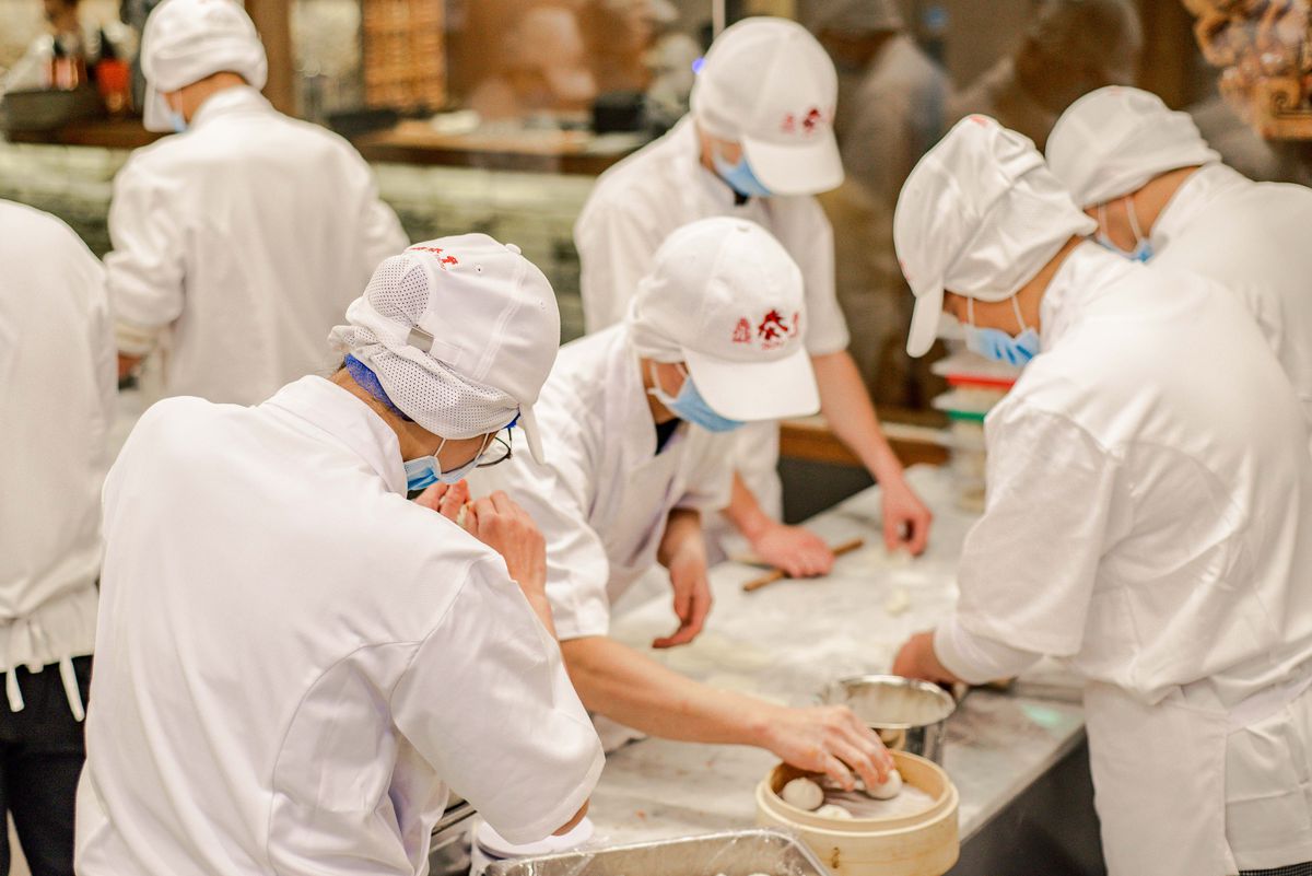 Xiaolongbao dumpling preparation at Taiwanese restaurant Din Tai Fung’s first London opening in Covent Garden
