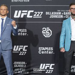 T.J. Dillashaw and Cody Garbrandt pose at UFC 227 media day.
