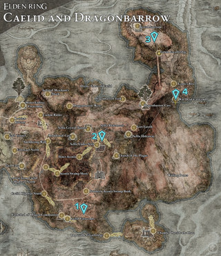 Mapa que muestra las ubicaciones de semillas doradas de Caelid y Dragonbarrow