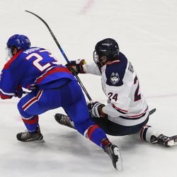 The UMass Lowell River Hawks take on the UConn Huskies in a men’s college hockey game at the XL Center in Hartford, CT on November 16, 2018.