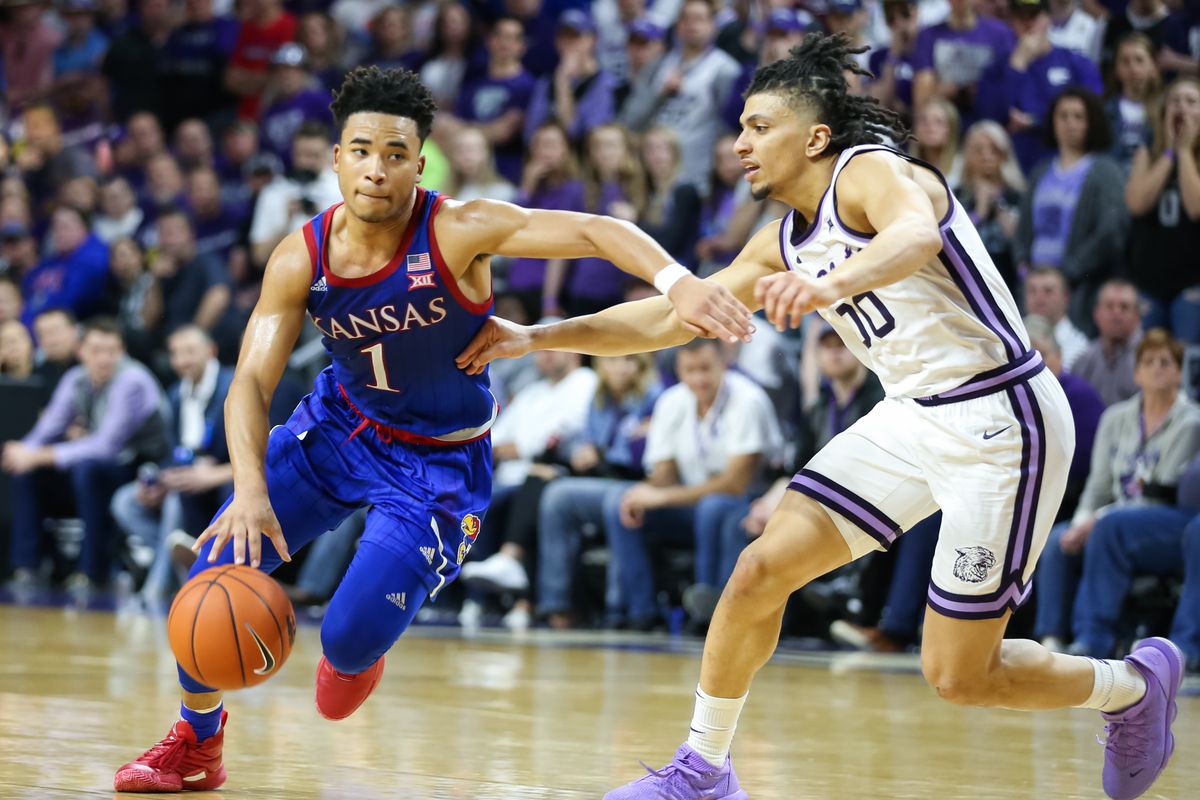 Kansas Jayhawks guard Devon Dotson (1) drives to the basket in the second half of a Big 12 basketball game between the Kansas Jayhawks and Kansas State Wildcats on February 29, 2020 at Bramlage Coliseum in Manhattan, KS.