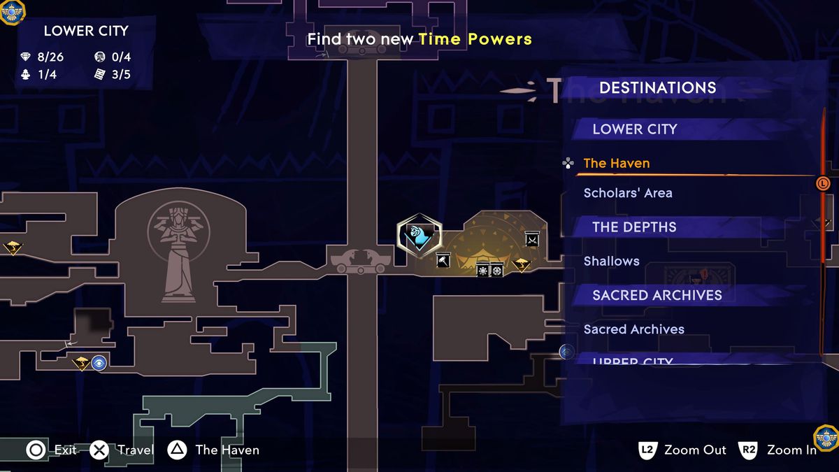 A map shows the location of the Haven fast travel spot in Prince of Persia The Lost Crown.