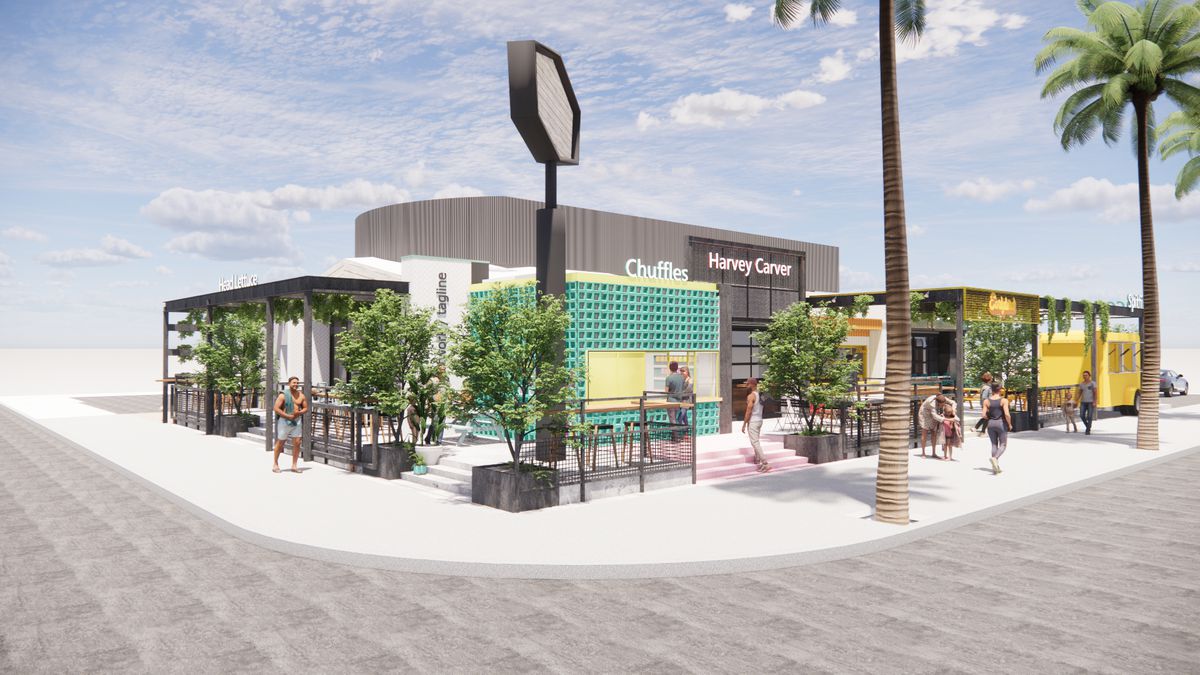 Rendering of a large multi-restaurant food hall with outdoor patios.