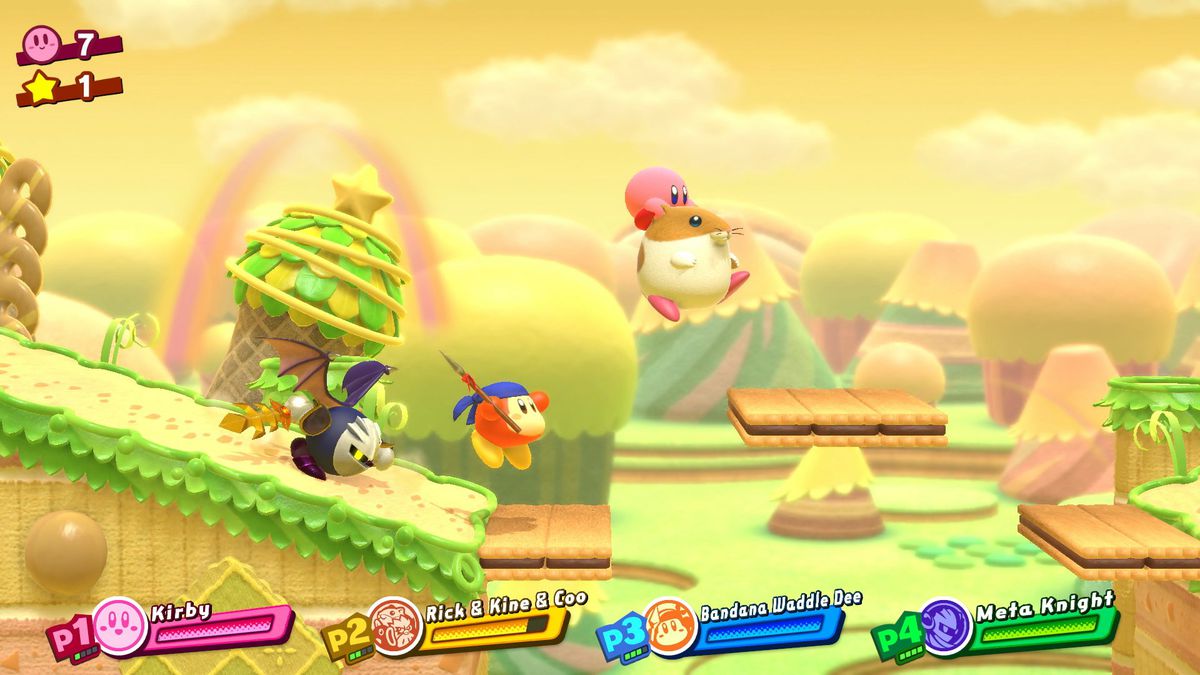 Kirby Star Allies - four-player co-op with Kirby, Rick &amp; Kine &amp; Coo, Bandana Waddle Dee, Meta Knight