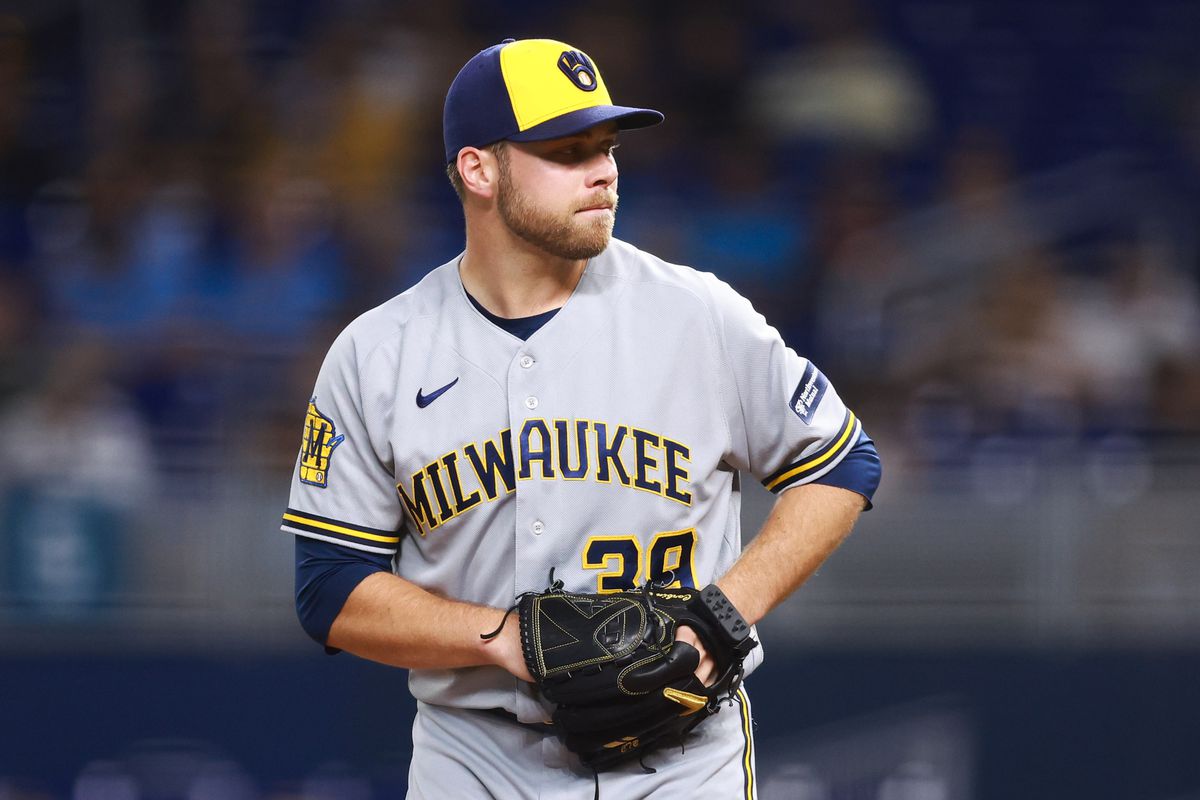 Corbin Burnes of the Milwaukee Brewers pitches against the Miami Marlins during the first inning of the game at loanDepot park on September 22, 2023 in Miami, Florida.