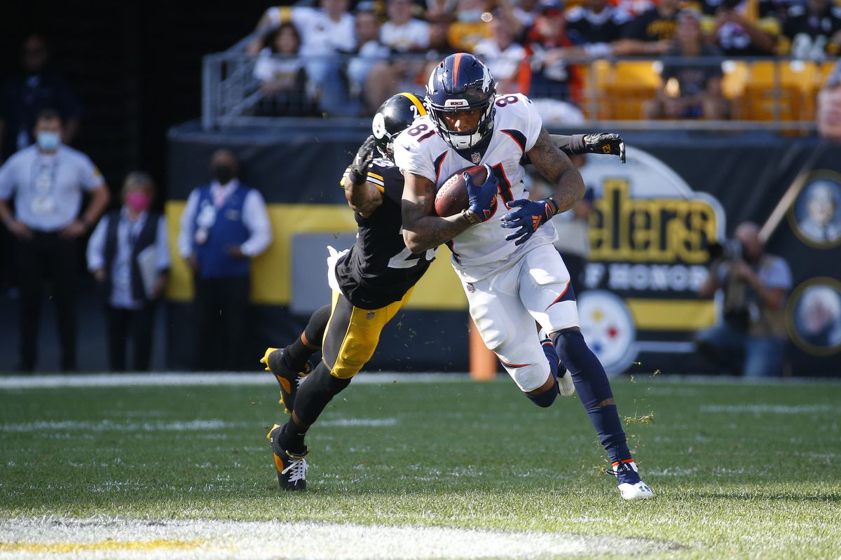Tim Patrick #81 of the Denver Broncos runs with the ball after a reception against the Pittsburgh Steelers during the fourth quarter at Heinz Field on October 10, 2021 in Pittsburgh, Pennsylvania.