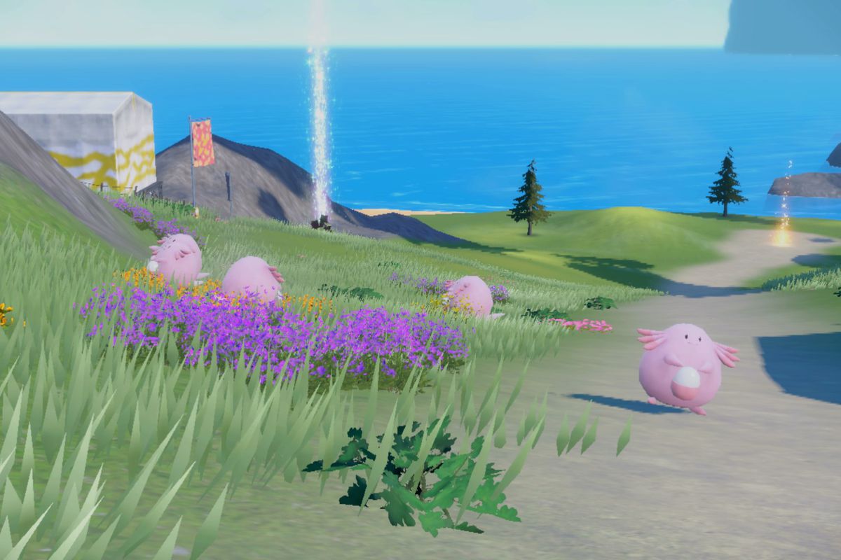 A bunch of unsuspecting Chansey are hanging out in a flower field, unaware of what is about to happen to them