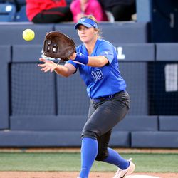 BYU's Arissa Paulson watches the ball fly into her mitt as BYU and Utah play in a softball game at BYU in Provo on Wednesday, May 1, 2019.