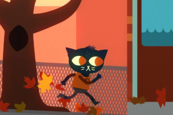 an anthromorphic black cat, Mae Borowski, running past a tree on a town street in Night in the Woods