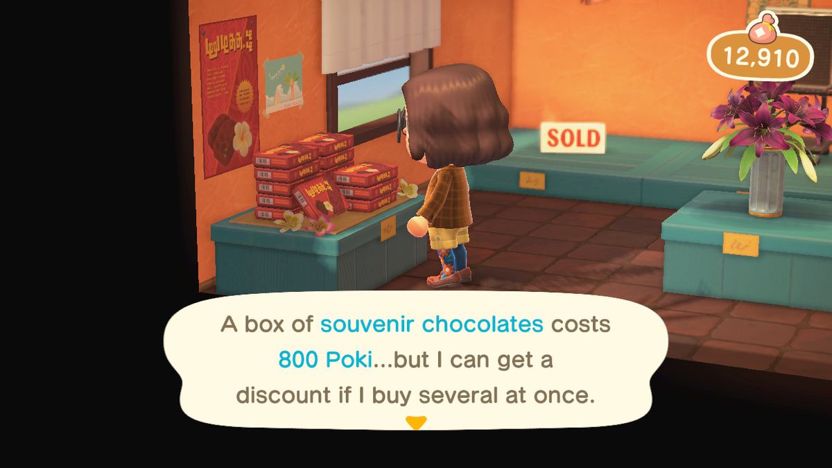 an image of an animal crossing villager looking at a stack of box of candies. there is text on the screen that reads: “a box of souvenir chocolates costs 800 Poki... but I can get a discount if I buy several at once.”