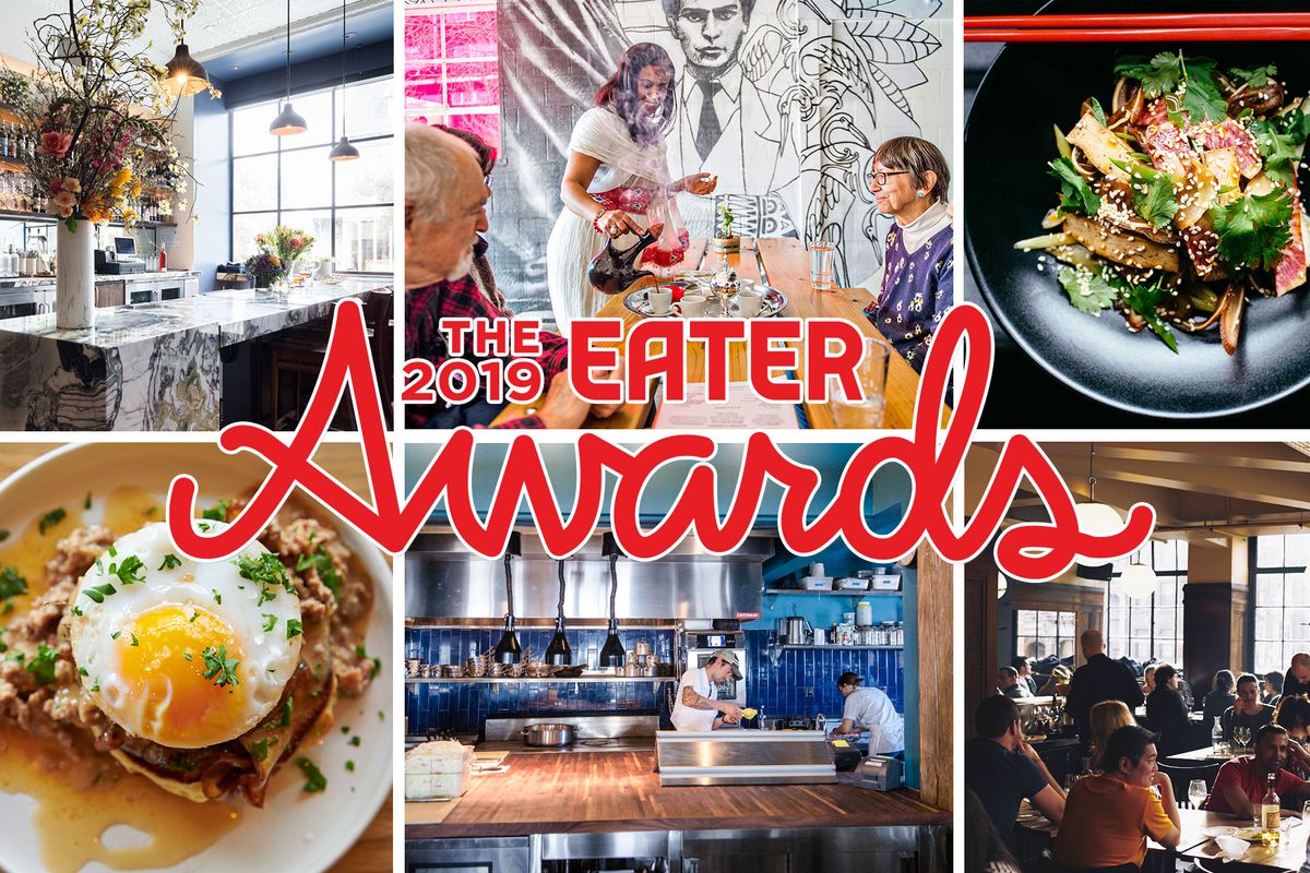 A collection of restaurant and food images with Eater Awards written over them