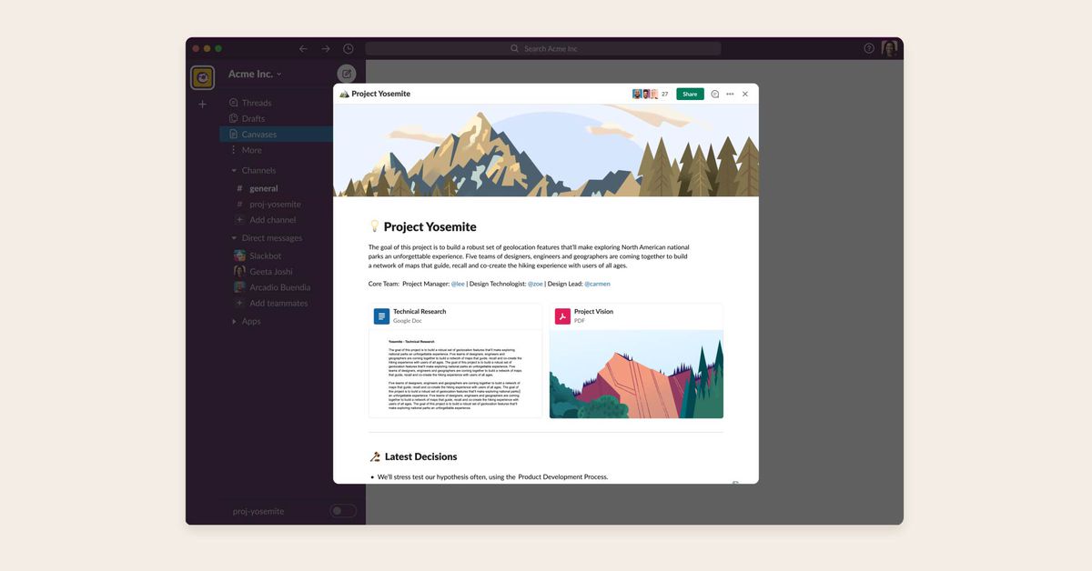 Slack’s new Canvas feature puts a document editor in your chat window