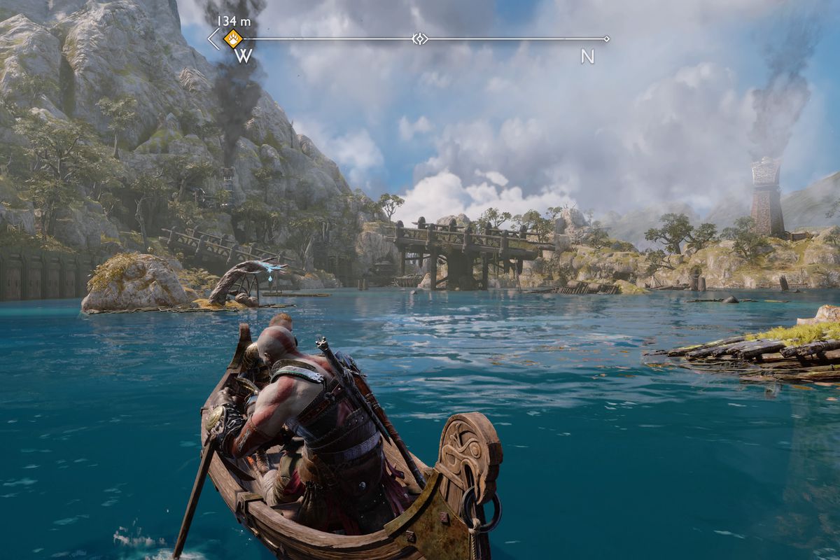 Kratos, Atreus, and Mimir travel Svartalfheim by boat in God of War Ragnarök