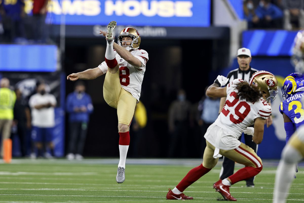  Mitch Wishnowsky #18 of the San Francisco 49ers punts against the Los Angeles Rams during the NFC Championship Game.