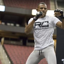 Alex Oliveira gets ready at the UFC on FOX 29 open workouts Wednesday inside Gila Rivera Arena in Glendale, Ariz.