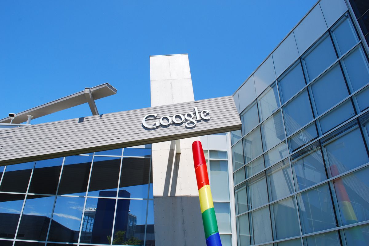 The Google logo on the side of its headquarters.