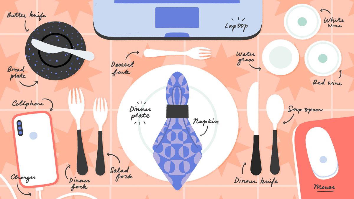 Illustration of a table with a laptop, dinner plate and napkins, fork, and a phone. 