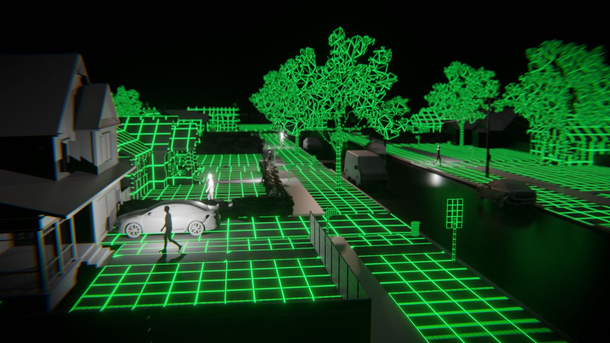 Una imagen renderizada por computadora de una calle suburbana, con árboles y calles verdes con estructura de alambre, y personas, casas y autos grises de baja resolución