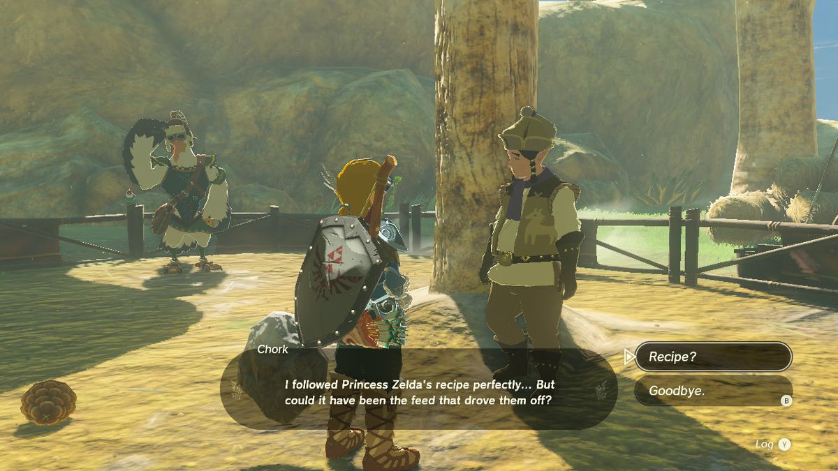 Link talking to Chork with the text “I followed Princess Zelda’s recipe perfectly... But could it have been the feed that drove them off?”