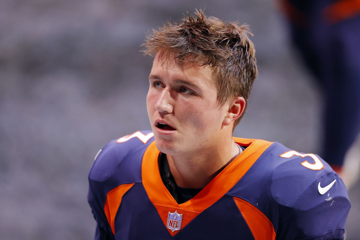 Drew Lock #3 of the Denver Broncos reacts after being defeated by the Atlanta Falcons 34-27 at Mercedes-Benz Stadium on November 08, 2020 in Atlanta, Georgia.