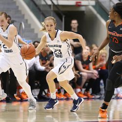 Brigham Young Cougars guard Makenzi Morrison Pulsipher (23) brings the ball up court after a steal as BYU and Pepperdine women play at the Marriott Center in Provo Saturday, Jan. 23, 2016. BYU won 69-64.