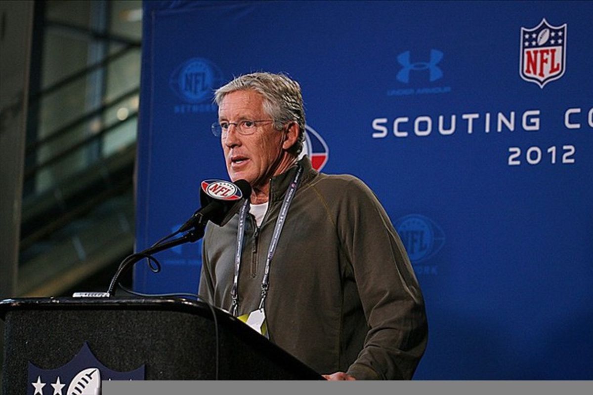 Feb 24, 2012; Indianapolis, IN, USA; Seattle Seahawks coach Pete Carroll speaks at a press conference during the NFL Combine at Lucas Oil Stadium. Mandatory Credit: Brian Spurlock-US PRESSWIRE