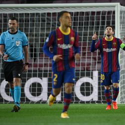 Messi celebrates scoring his fourth penalty of the season