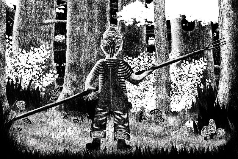 A zine-style charcoal illustration of a woman with a pitchfork hunting frogs in a forest