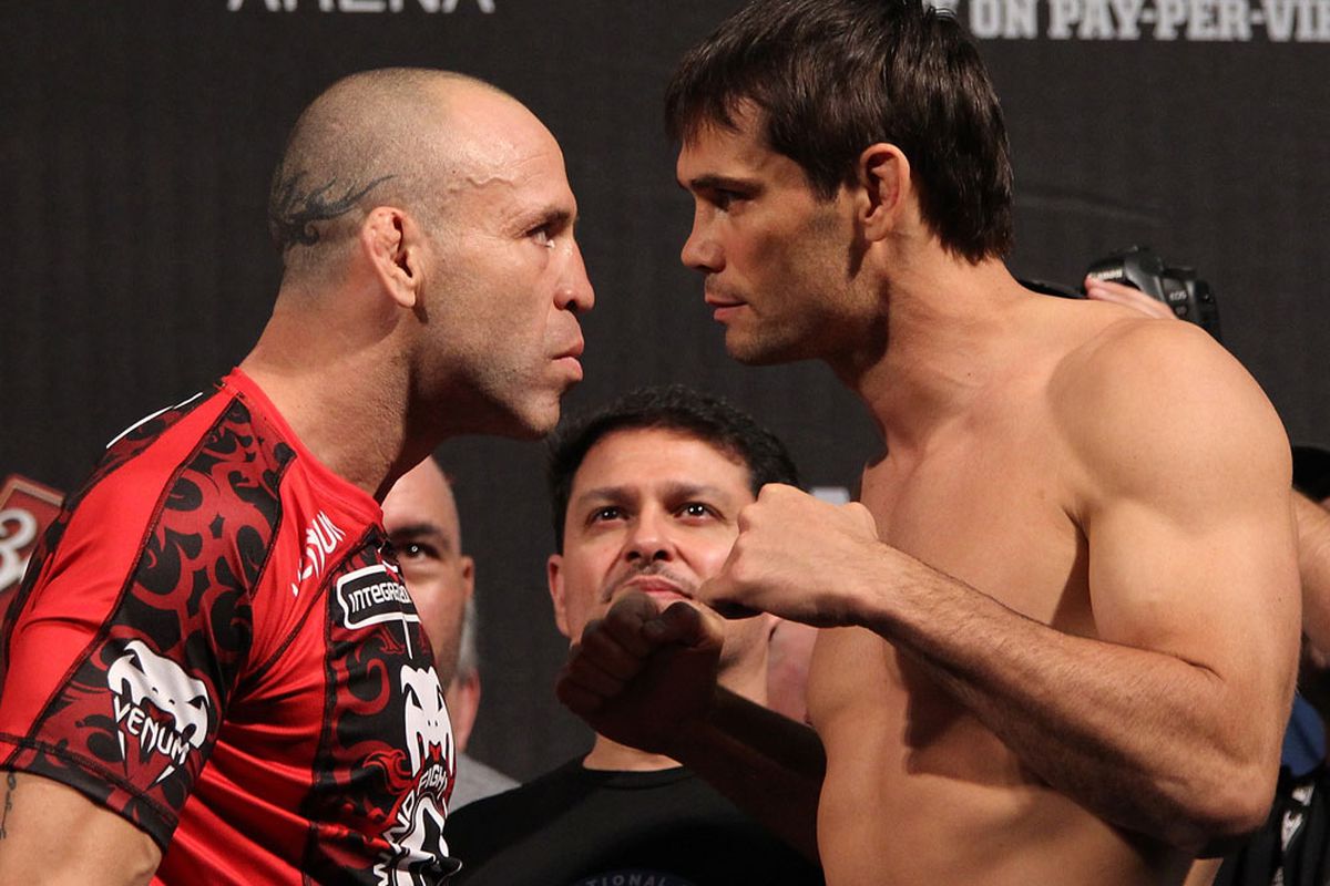 Wanderlei Silva (left) squares off against Rich Franklin (right) at the UFC 147 weigh-in event in Brazil. Photo by Josh Hedges/Zuffa LLC/Zuffa LLC via Getty Images.