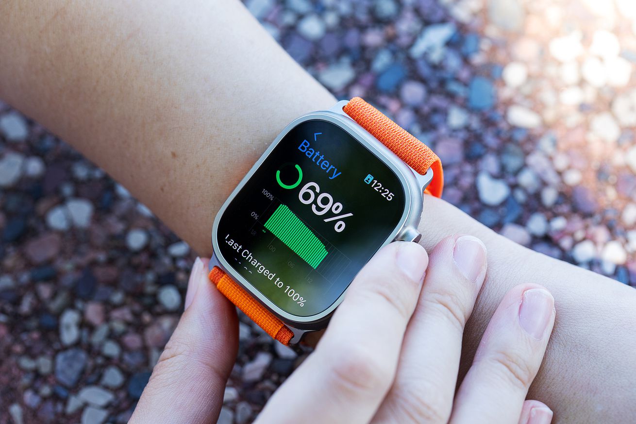 Close-up of battery screen on Apple Watch Ultra