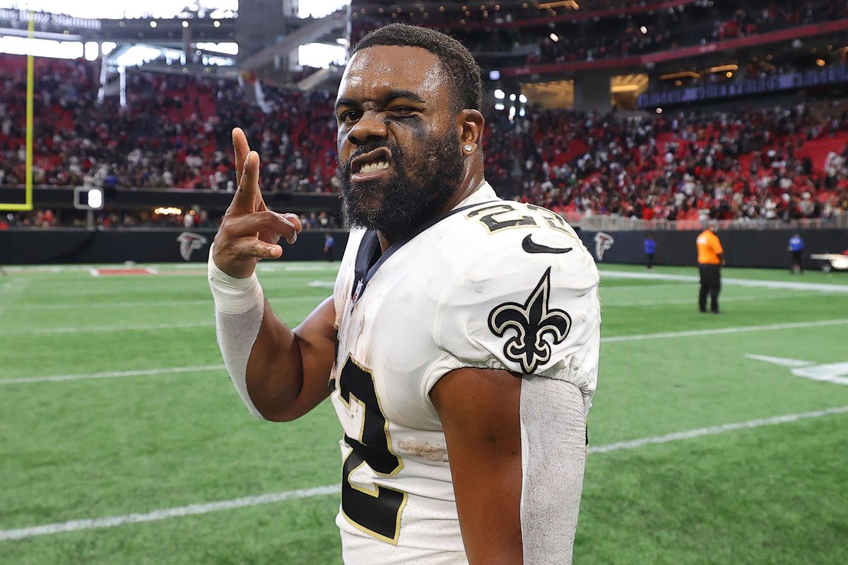 Mark Ingram II #22 of the New Orleans Saints reacts after defeating the Atlanta Falcons 27-26 at Mercedes-Benz Stadium on September 11, 2022 in Atlanta, Georgia.