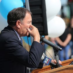 Gov. Gary Herbert mentions having surgery for skin cancer on his cheek before a ceremonial bill signing and groundbreaking for a school in West Jordan on Wednesday, April 24, 2019.