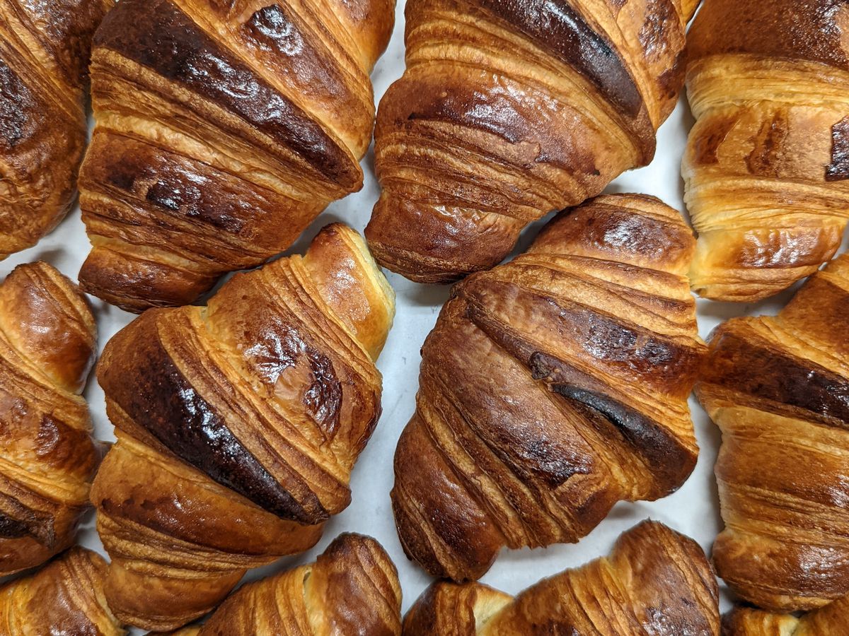 From above, a tray of croissants.