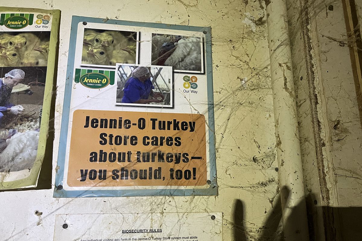 A sign inside the Jennie-O turkey facility, which reads “Jennie-O Turkey Store cares about turkeys — you should, too!”