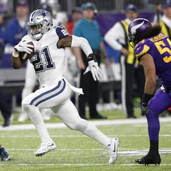Dallas Cowboys running back Ezekiel Elliott (21) runs from Minnesota Vikings middle linebacker Eric Kendricks, right, during the second half of an NFL football game Thursday, Dec. 1, 2016, in Minneapolis. 