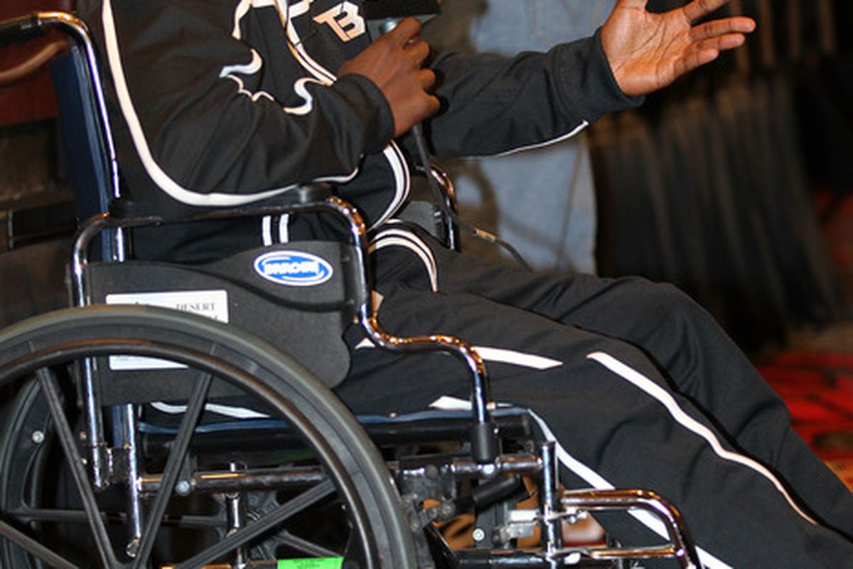Timothy Bradley is still in a wheelchair with two injured feet after Saturday's win over Manny Pacquiao. (Photo by Jeff Bottari/Getty Images)