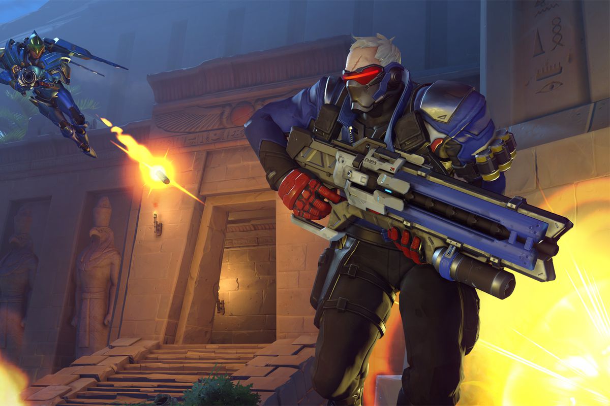 Overwatch Anniversary event - Pharah firing at Soldier: 76