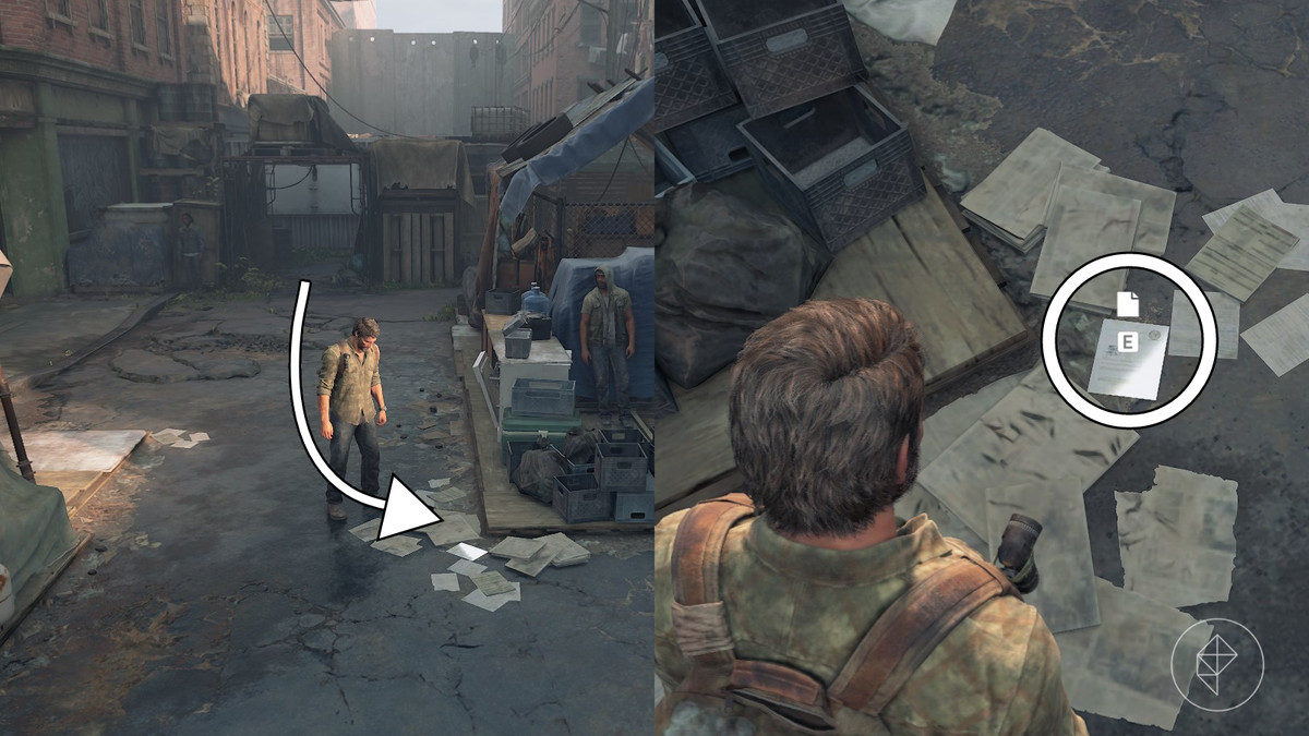 Joel finding the drafting notice artifact on the floor in “The Slums” section of “The Quarantine Zone” in The Last of Us Part 1