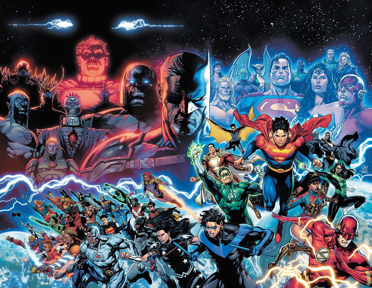 Villains and heroes of the DC Universe young and old pose dramatically on the wide wraparound cover of Dark Crisis #1 (2022). 