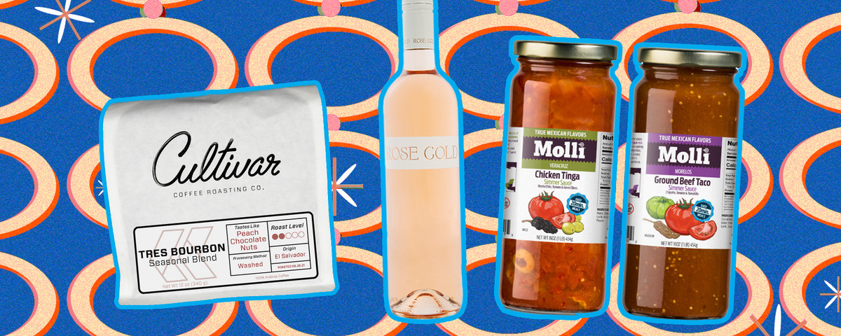 On a blue background with pink neon ovals are photos of a white bag of coffee, a bottle of rosé, and two jars of Molli sauces.