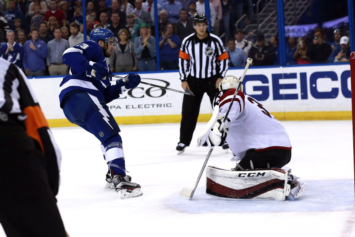 Cedric Paquette scores on a penalty shot, the eventual game winner in Tampa Bay's 2-1 win over Arizona Tuesday night.