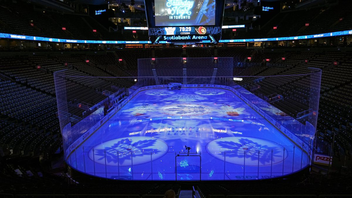 A general view of Scotiabank Arena with the Saturday Night logo visible in the scoreboard befre a game between the Ottawa Senators and Toronto Maple Leafs.