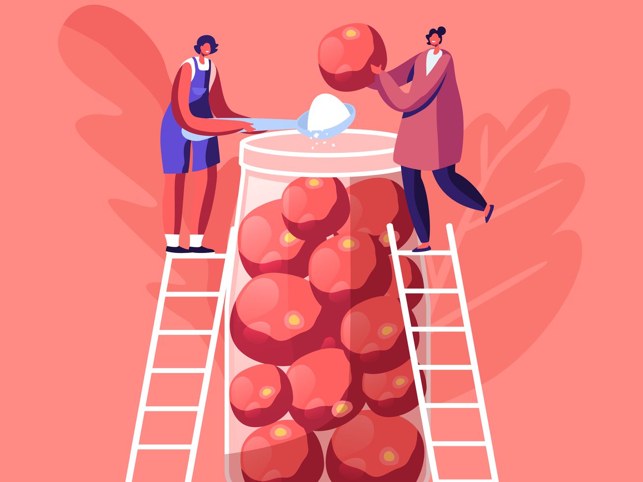 illustration of two tiny people standing on ladders putting tomatoes and salt into a huge glass jar.