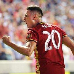 Real Salt Lake midfielder Luis Silva (20) celebrates a goal on Wednesday, Aug. 23, 2017.